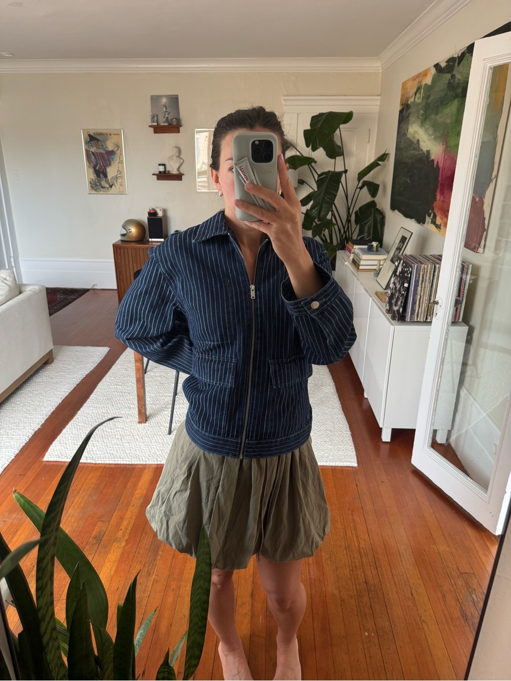 H&M Navy Pinstripe Zip-Up Jean Jacket